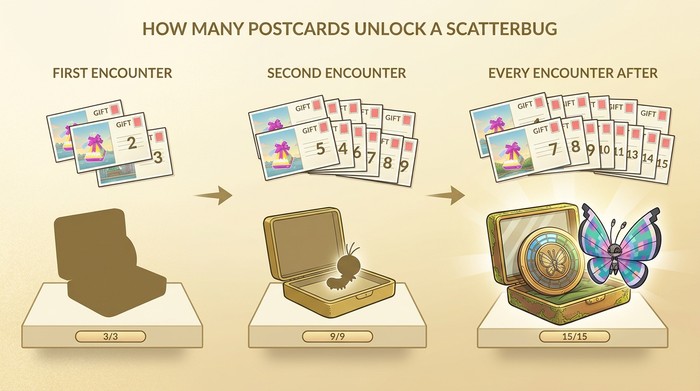 How Many Postcards Unlock a Scatterbug