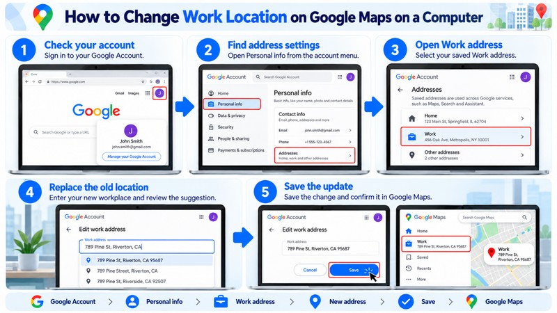 Change Work Location on Google Maps on a Computer