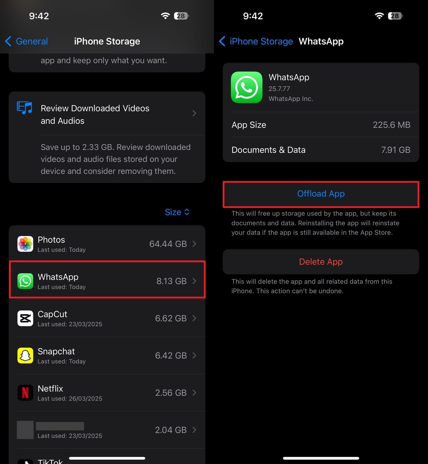offload whatsapp and reinstall