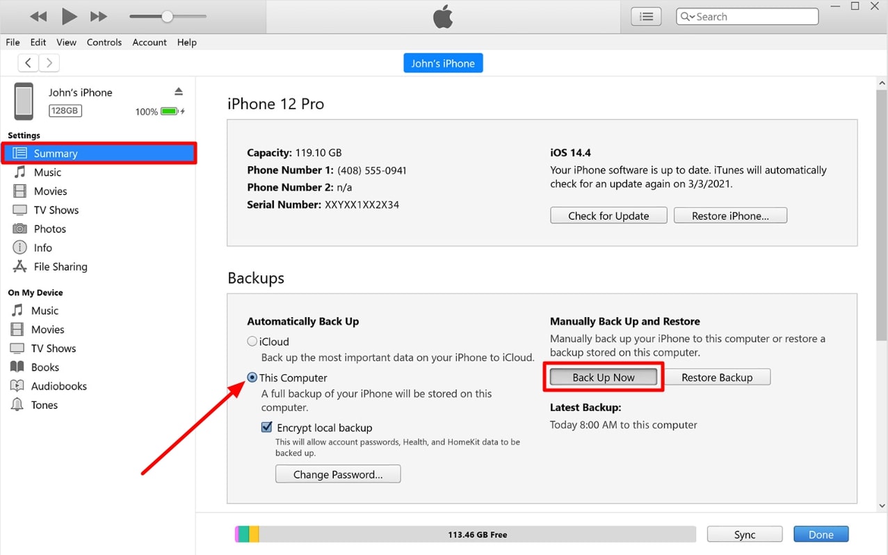 click back up now button