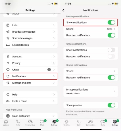 turn off show notifications in whatsapp