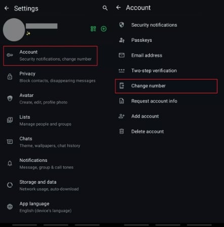 navigate to change number android