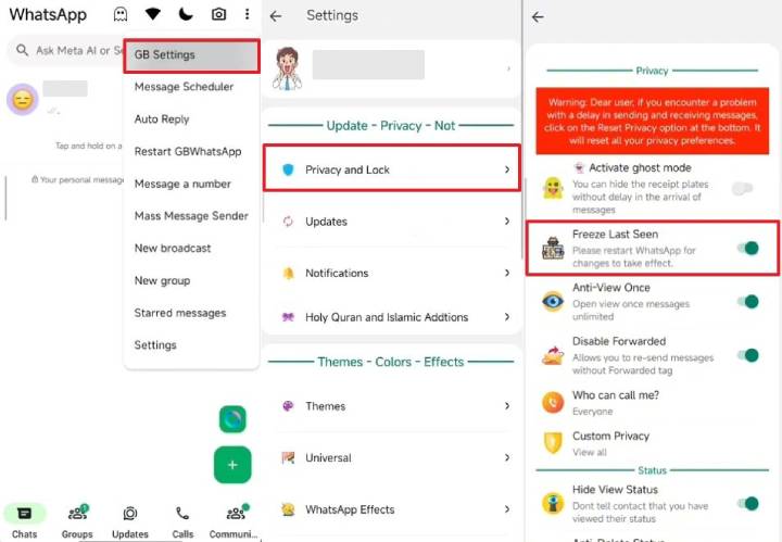 enable freeze last seen on gbwhatsapp