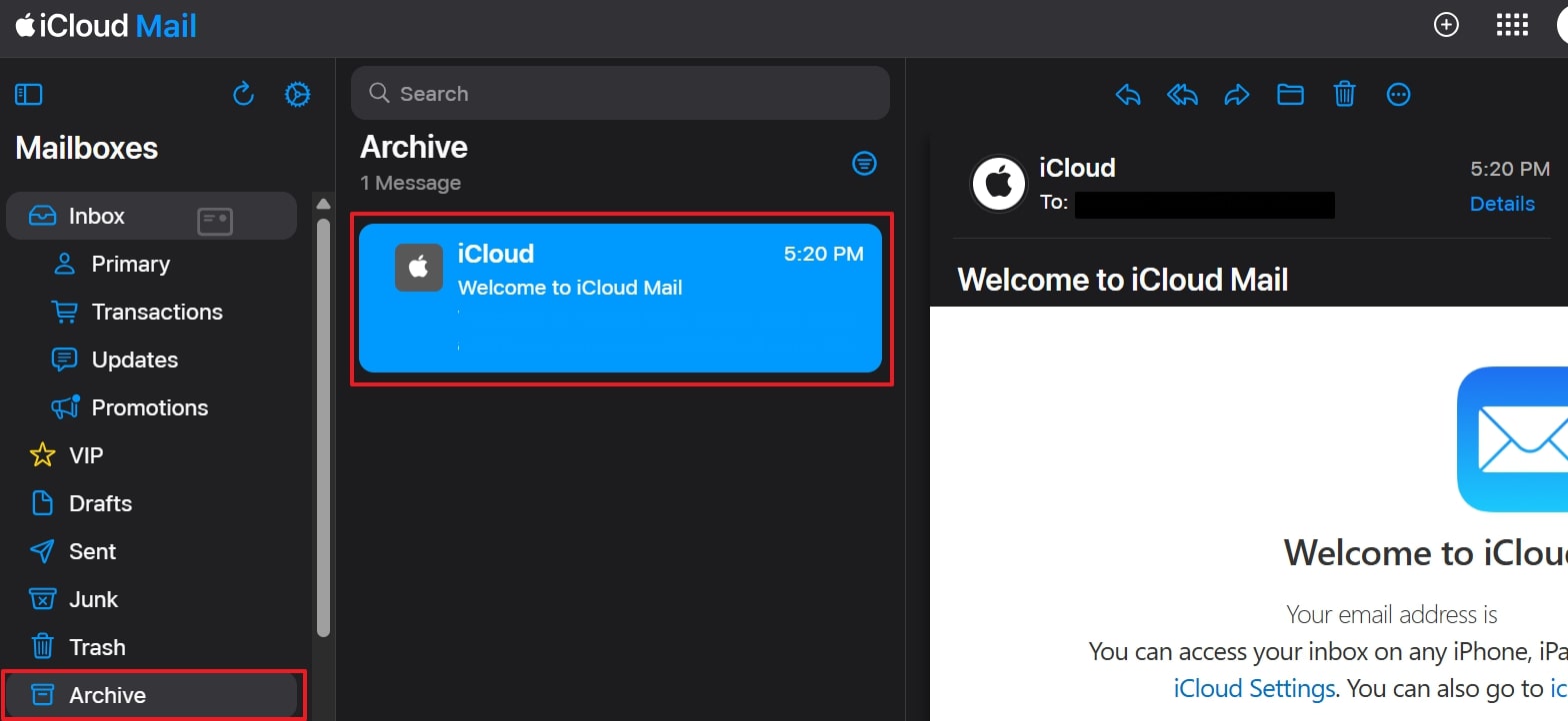 unarchive icloud mail