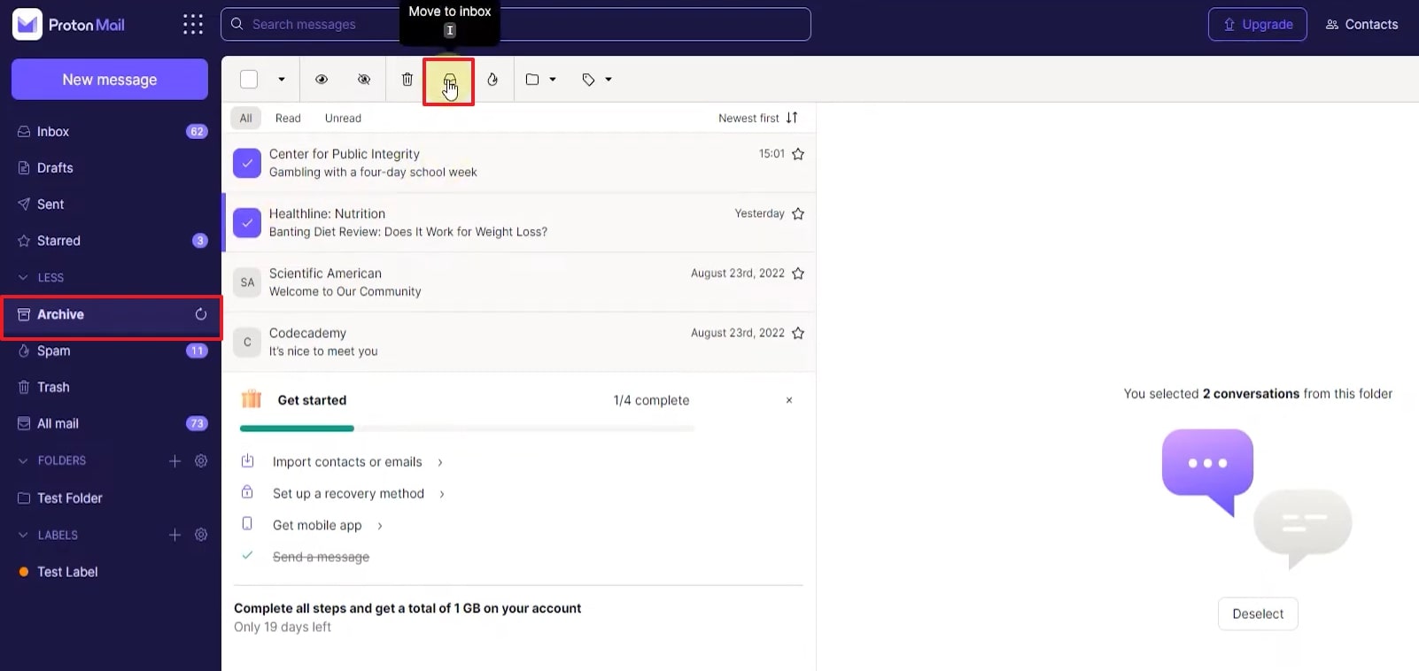 proton mail recovery to inbox