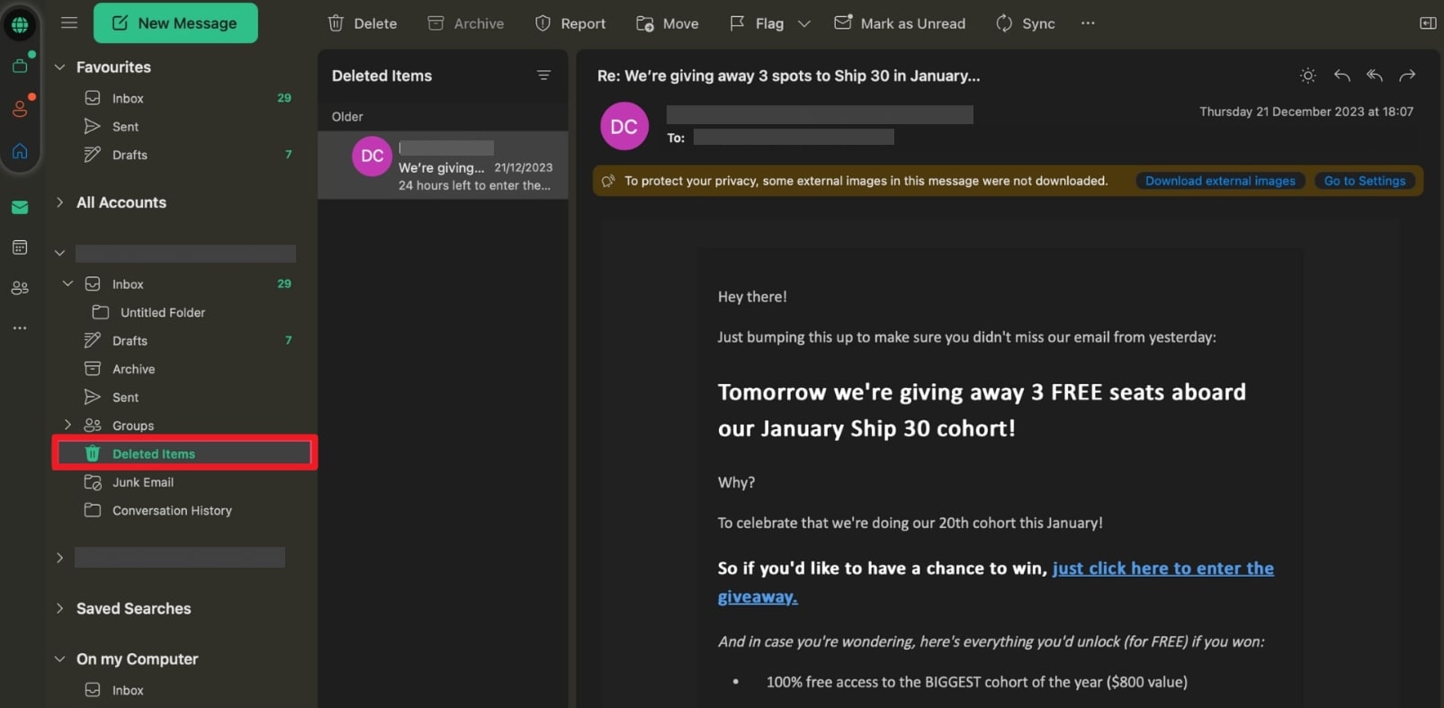 access deleted items folder outlook