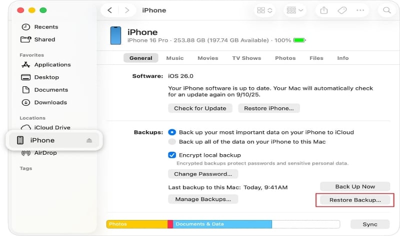restore backup from itunes