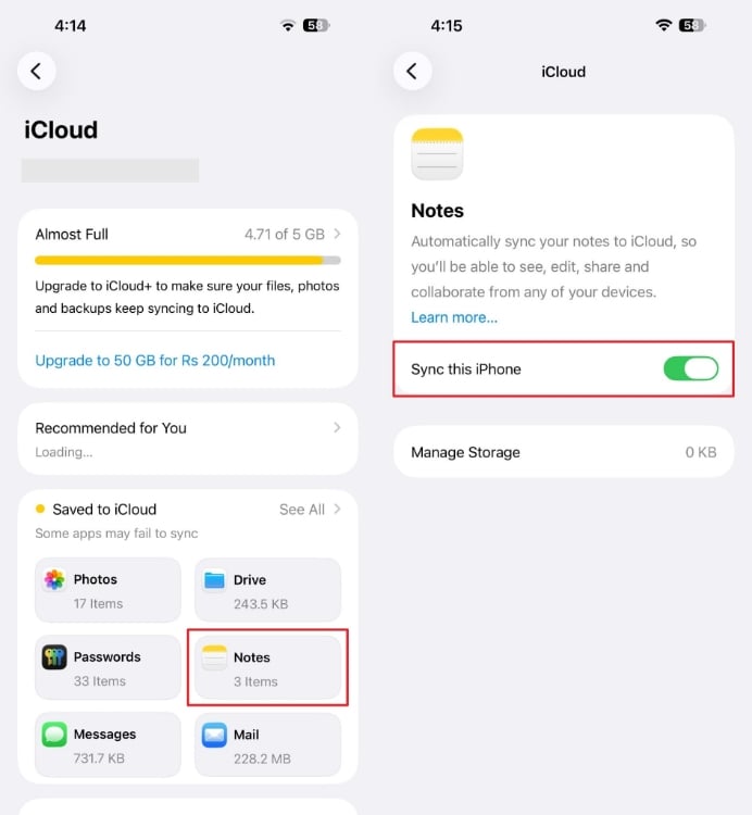 sync notes on iphone