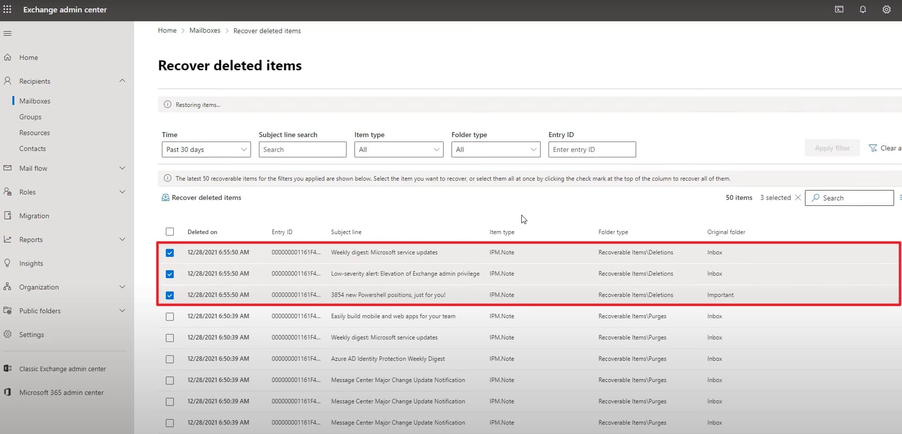 select emails to retrieve back