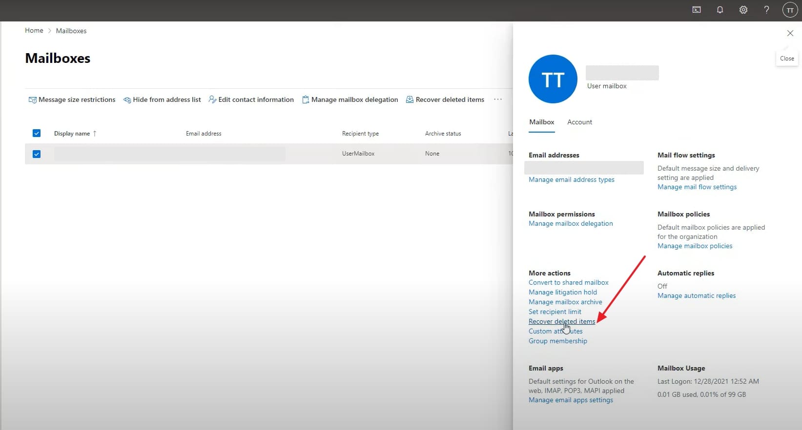 click recover deleted items