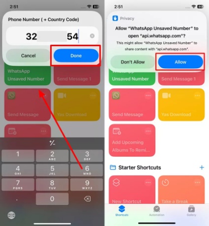 enter number and tap allow