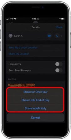 how to share location on iMessage select sharing location time
