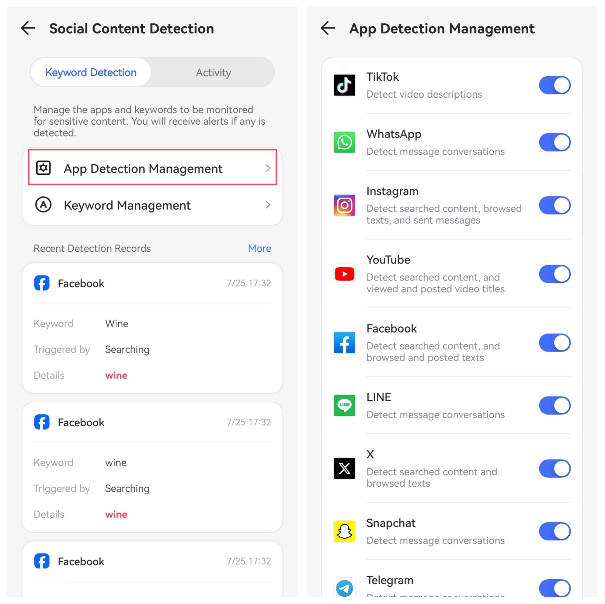 choose app detection management and whatsapp