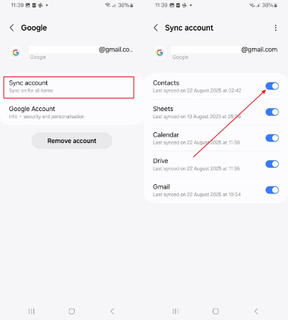 sync account and enable contacts