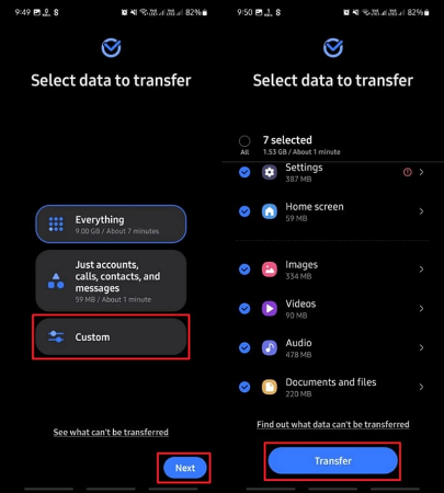 choose custom and start transfer
