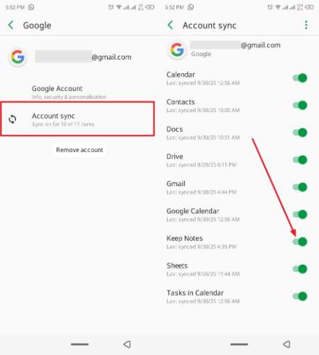 toggle notes for syncing