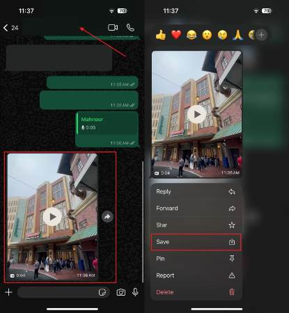 hold video and choose save option