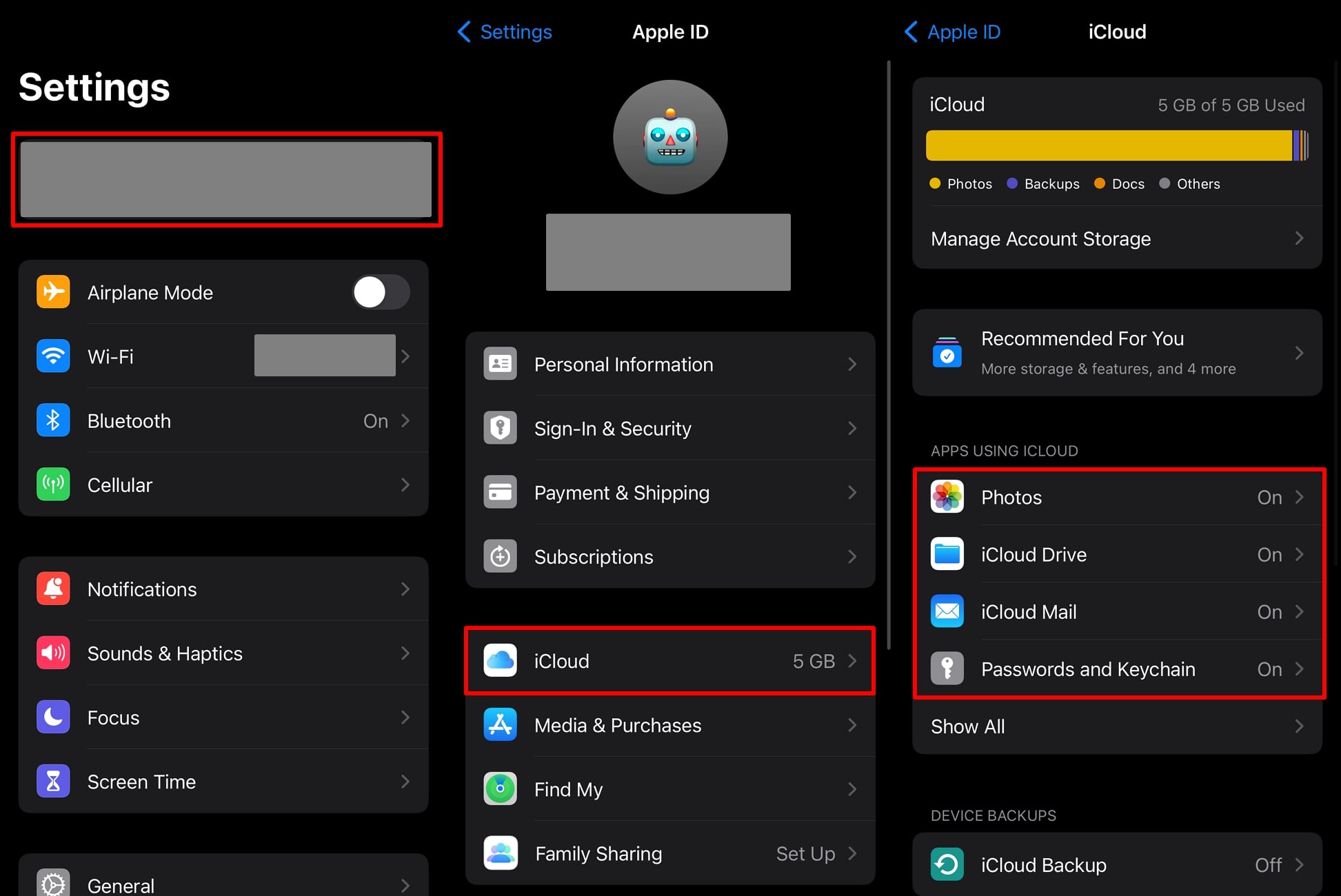 check the icloud settings