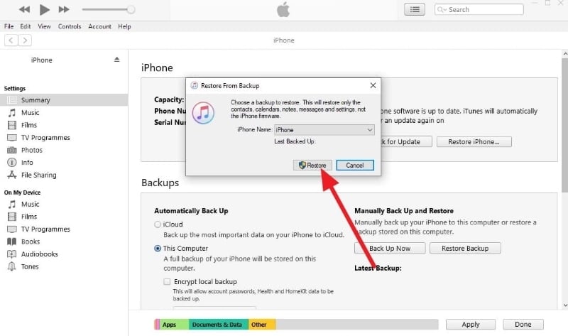tap to restore the backup