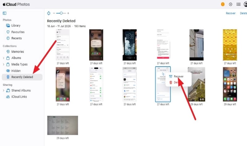 tap the recover option