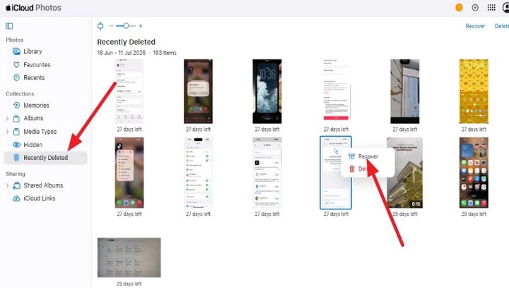 Select and recover recently deleted photos on iCloud.com