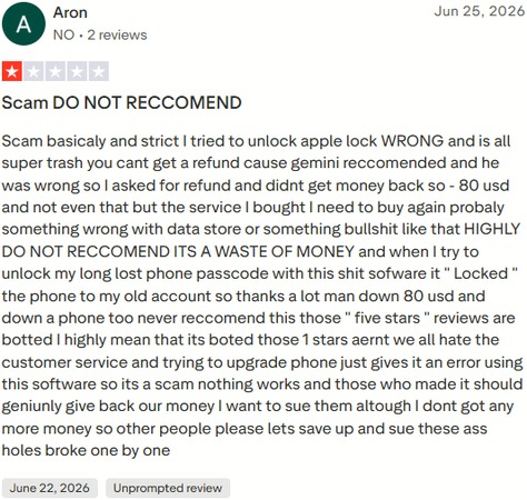 Aron Trustpilot review of iMyFone LockWiper