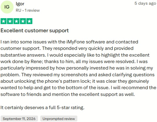 Igor Trustpilot review of iMyFone LockWiper
