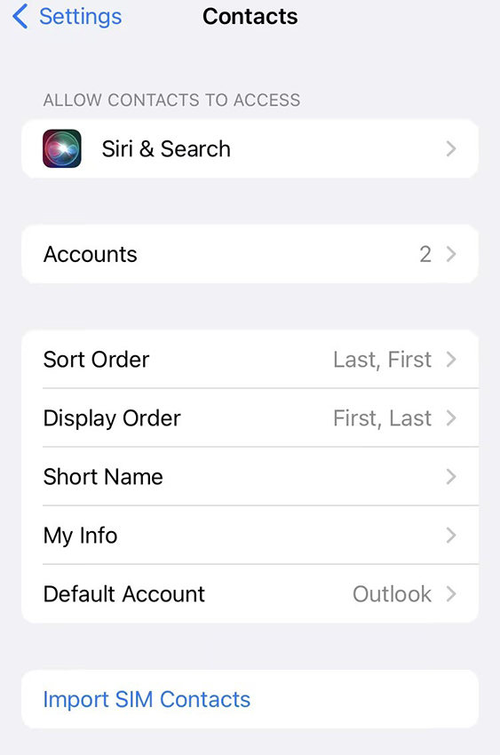iphone contacts default account
