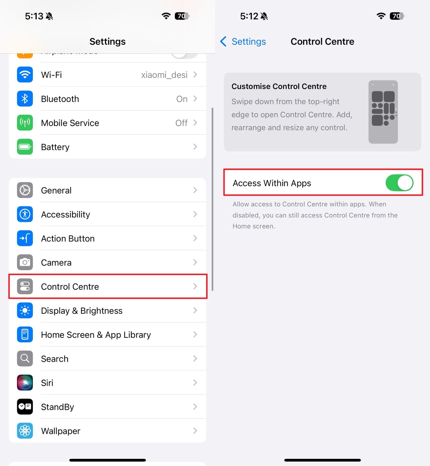 enable access within apps option