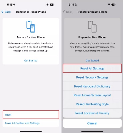 locate reset all settings