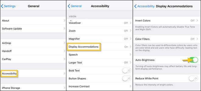 iPhone green screen enable the Auto-Brightness