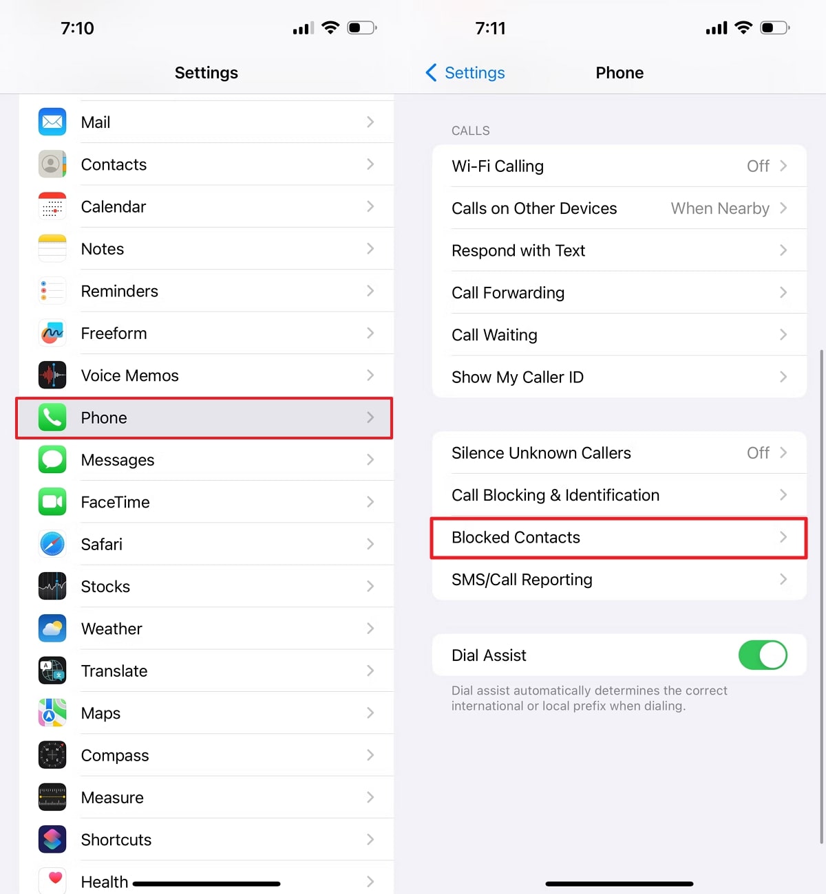 access blocked contacts option