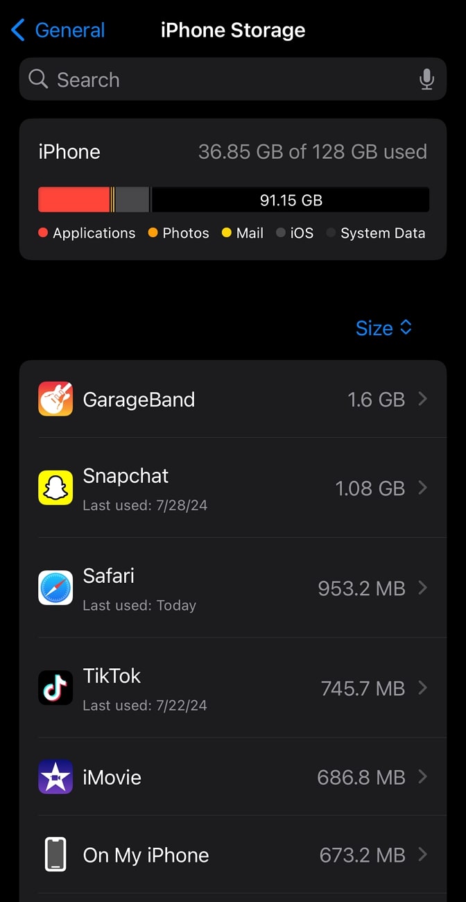 check the iphone storage