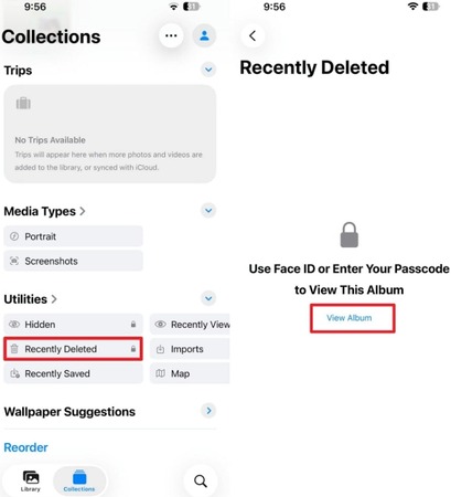 Open Recently Deleted in iPhone Photos and tap View Album