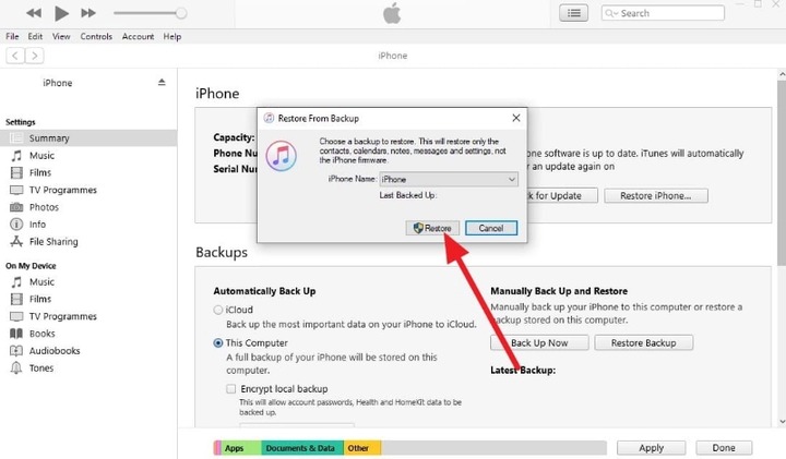 Select an iPhone backup and click Restore in iTunes