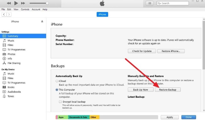 Choose Restore Backup in iTunes for an iPhone computer backup