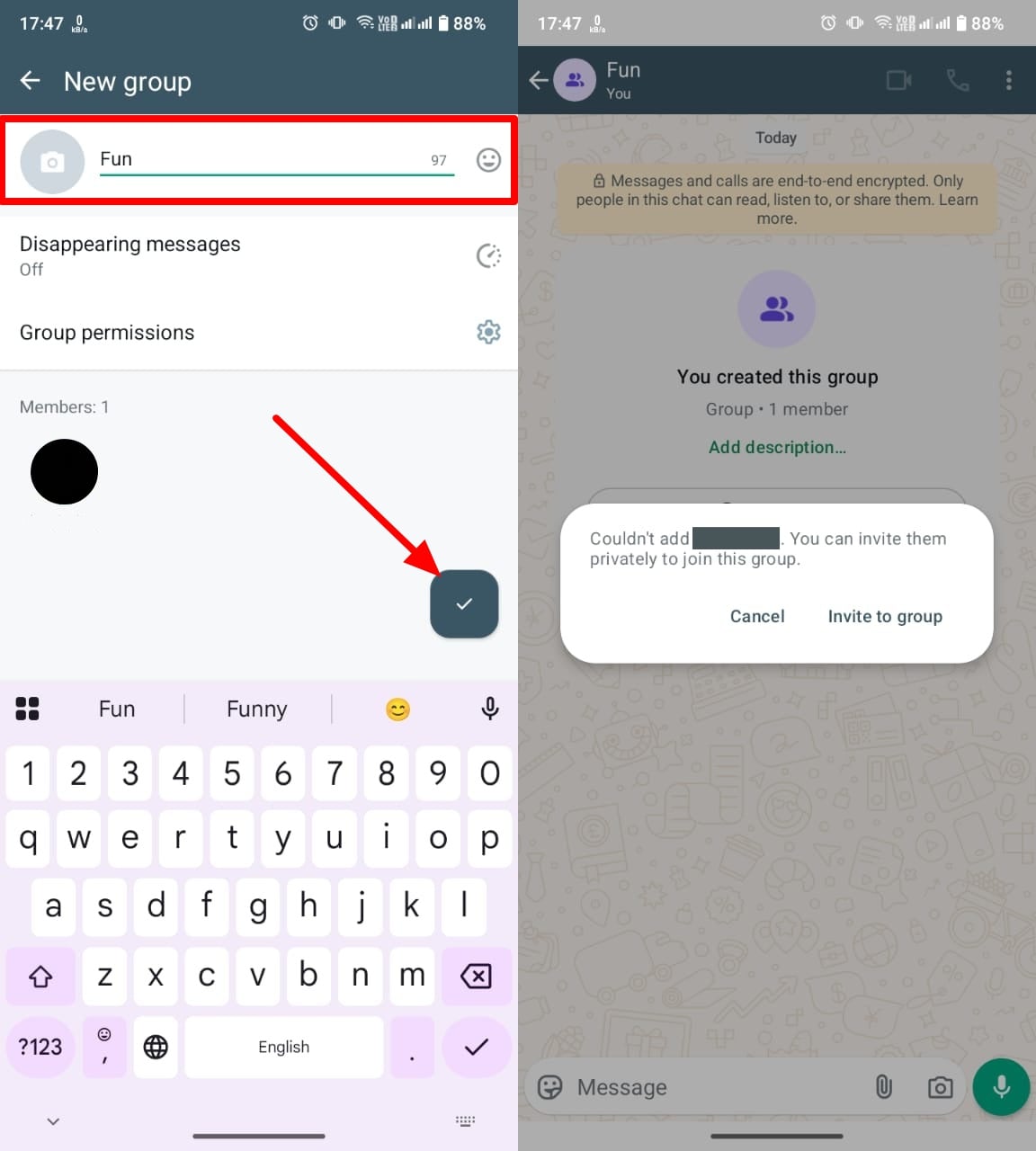 couldn't add but invite error