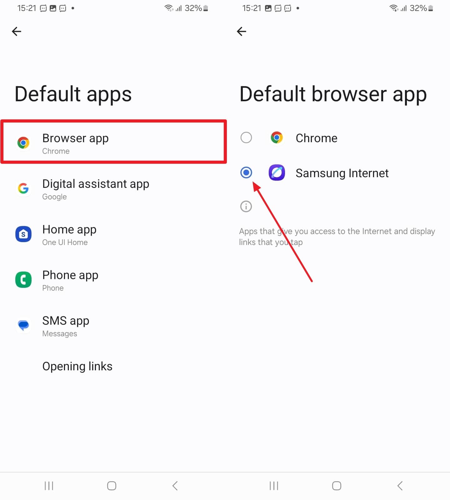 pick samsung internet as default browser