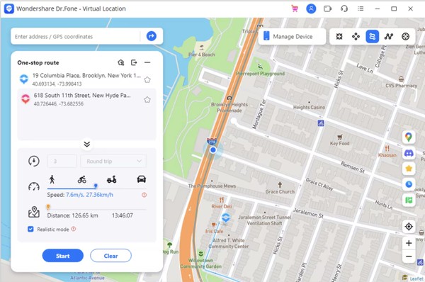 Dr.Fone Virtual Location teleport interface