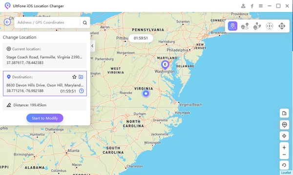 UltFone desktop map with speed settings