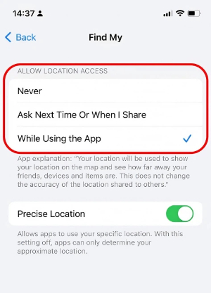 location permission find my iphone