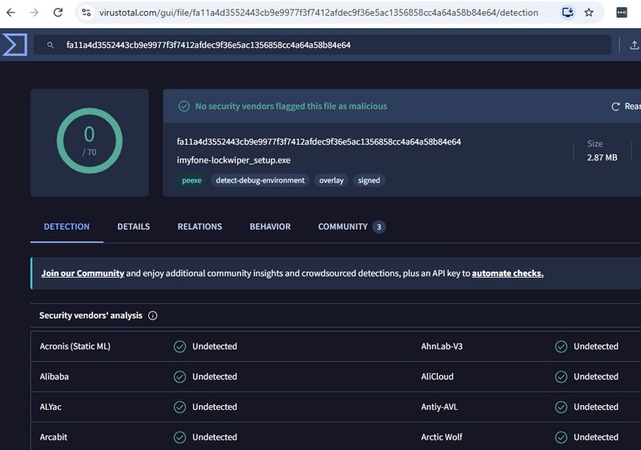 VirusTotal scan result for iMyFone LockWiper installer