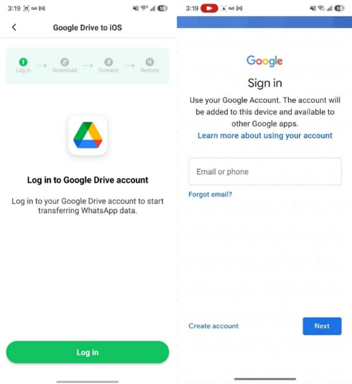 log into google drive account