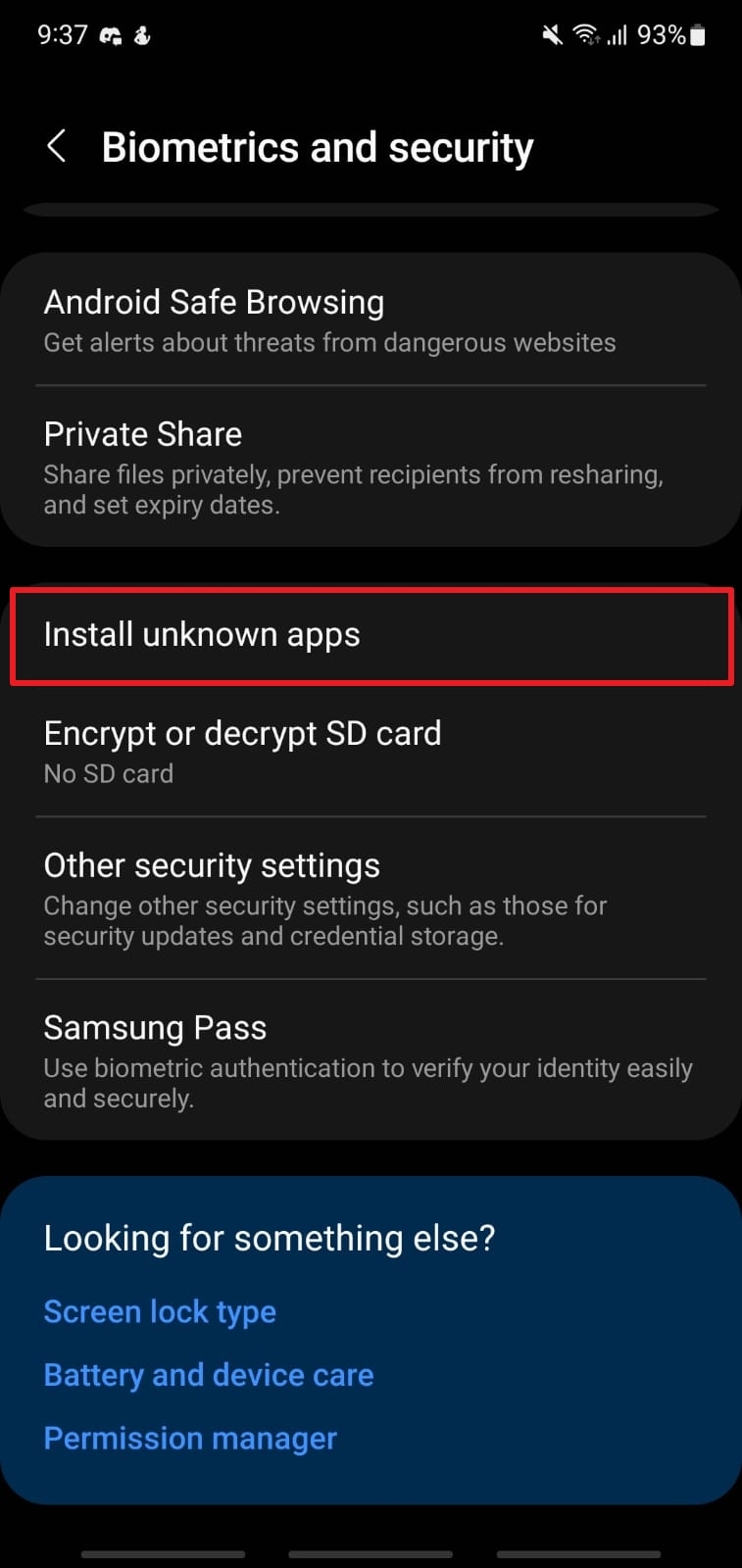 allow installation of unknown apps settings