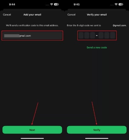add email and verify with code