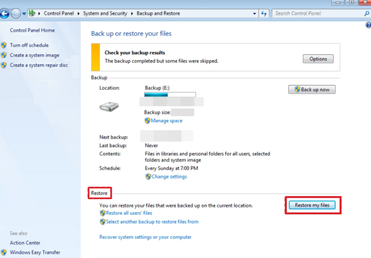 use restore my files button
