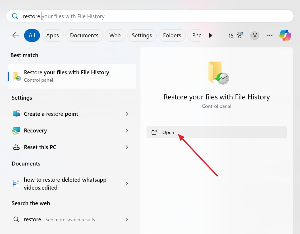 open restore file history folder