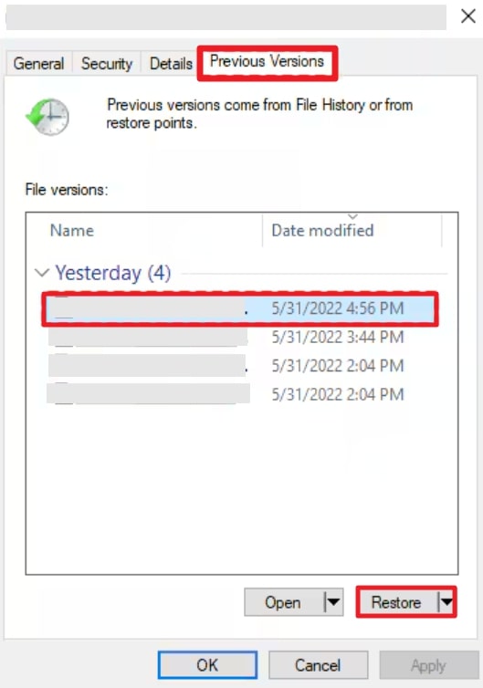 select file and click restore