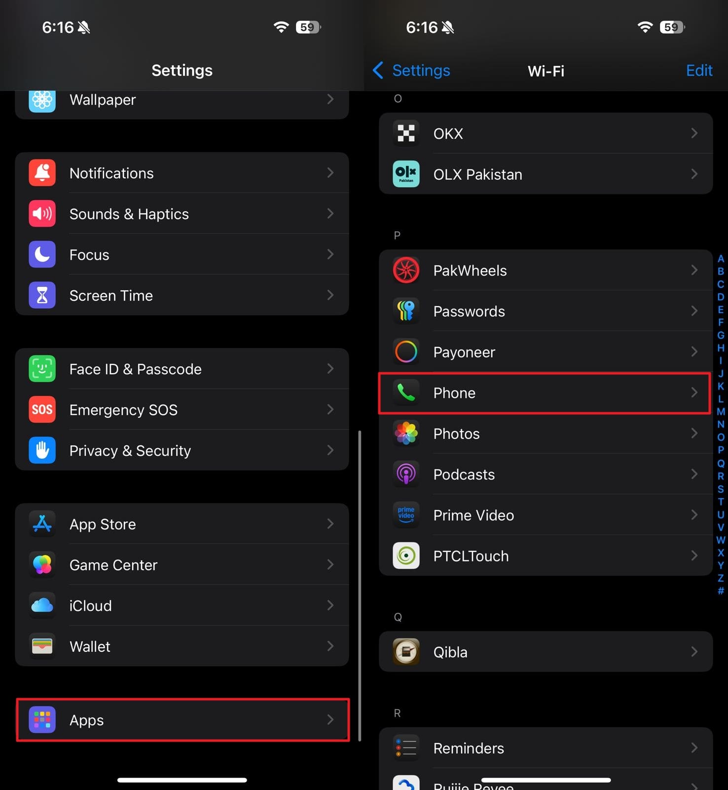 access the phone app settings