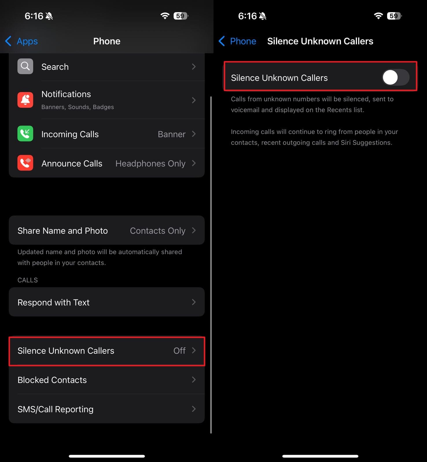 enable silence unknown callers
